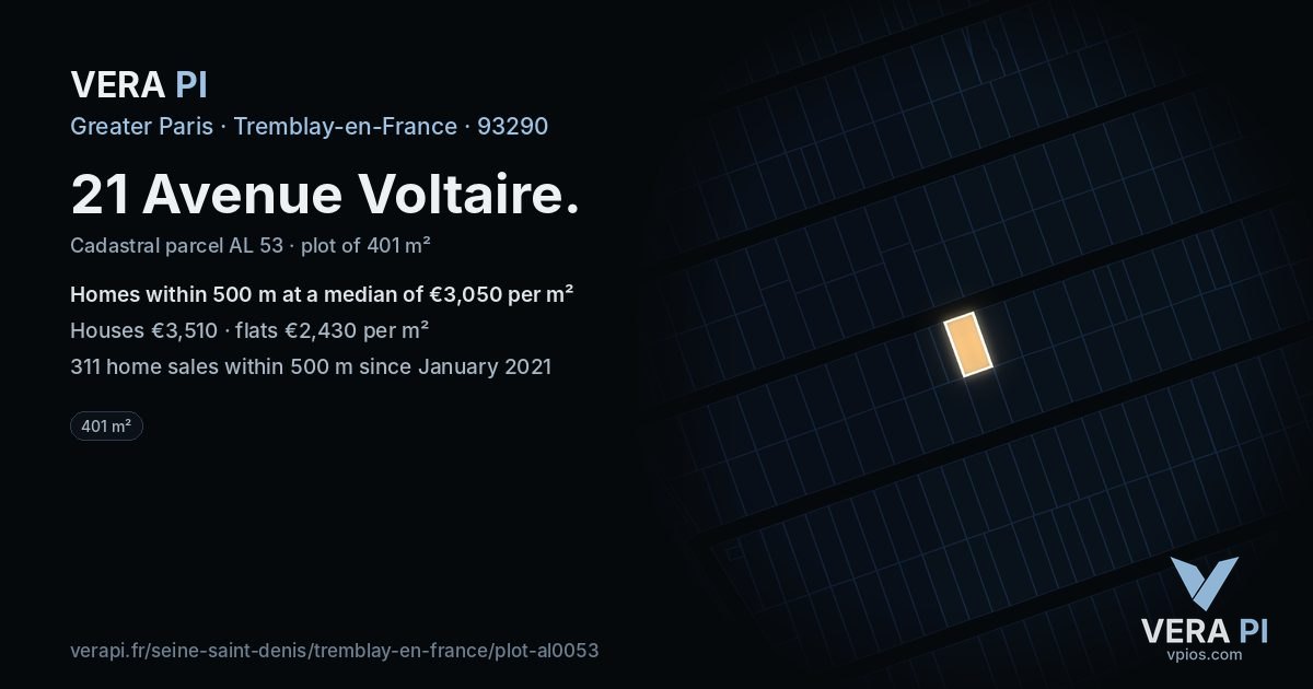 21 Avenue Voltaire, Tremblay-en-France at night – the plot lit, the parcels around coloured by the prices near them