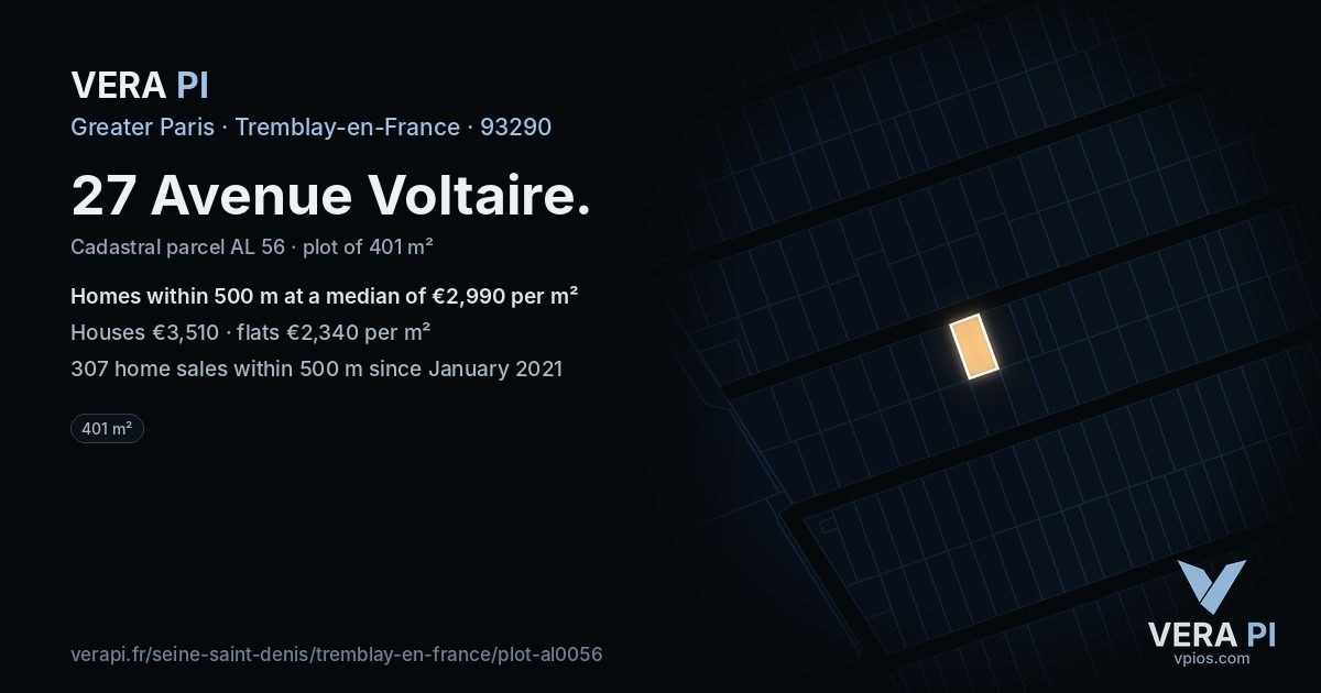 27 Avenue Voltaire, Tremblay-en-France at night – the plot lit, the parcels around coloured by the prices near them