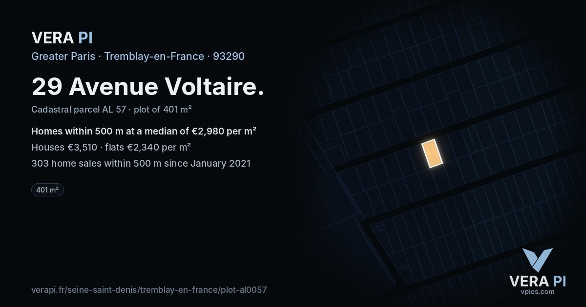 29 Avenue Voltaire, Tremblay-en-France at night – the plot lit, the parcels around coloured by the prices near them