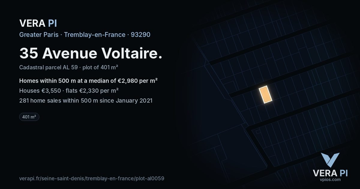 35 Avenue Voltaire, Tremblay-en-France at night – the plot lit, the parcels around coloured by the prices near them