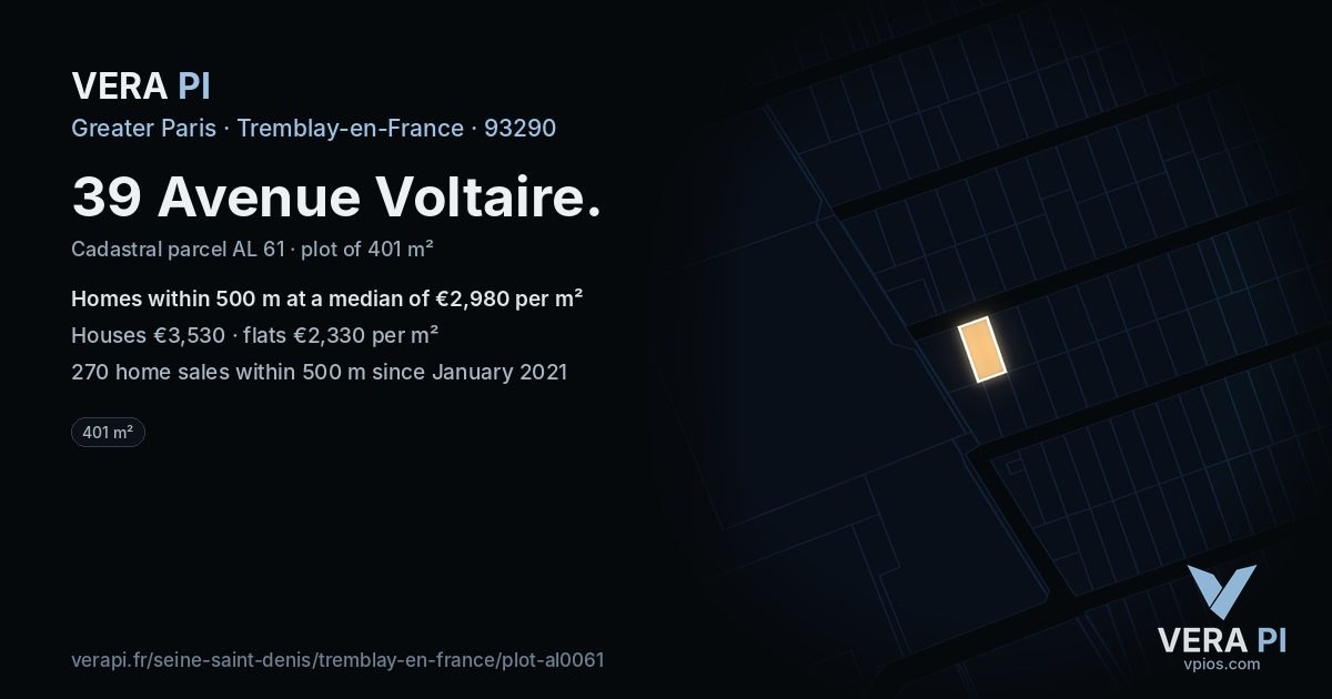 39 Avenue Voltaire, Tremblay-en-France at night – the plot lit, the parcels around coloured by the prices near them