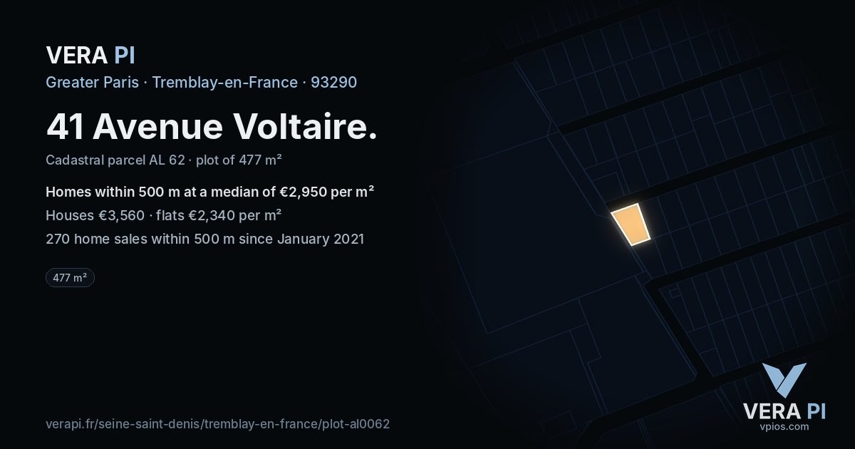 41 Avenue Voltaire, Tremblay-en-France at night – the plot lit, the parcels around coloured by the prices near them