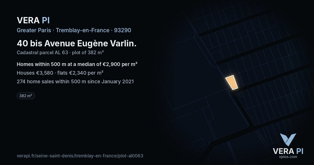 40 bis Avenue Eugène Varlin, Tremblay-en-France at night – the plot lit, the parcels around coloured by the prices near them