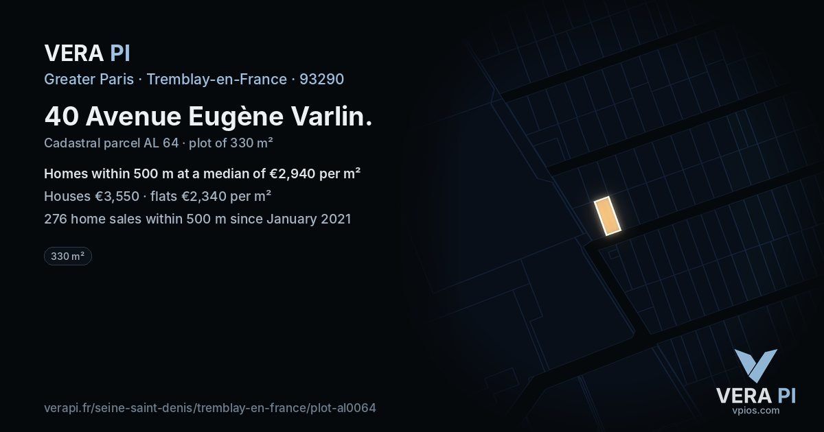 40 Avenue Eugène Varlin, Tremblay-en-France at night – the plot lit, the parcels around coloured by the prices near them