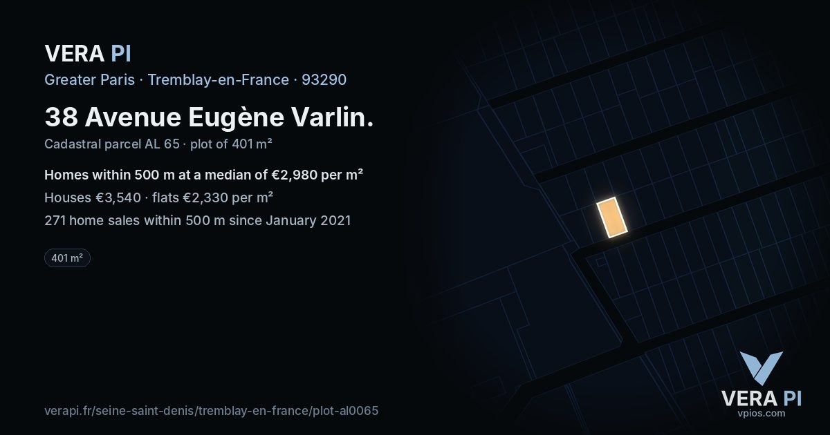 38 Avenue Eugène Varlin, Tremblay-en-France at night – the plot lit, the parcels around coloured by the prices near them