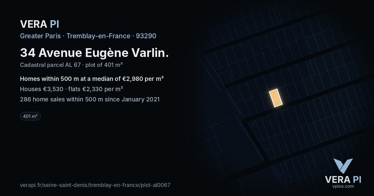 34 Avenue Eugène Varlin, Tremblay-en-France at night – the plot lit, the parcels around coloured by the prices near them