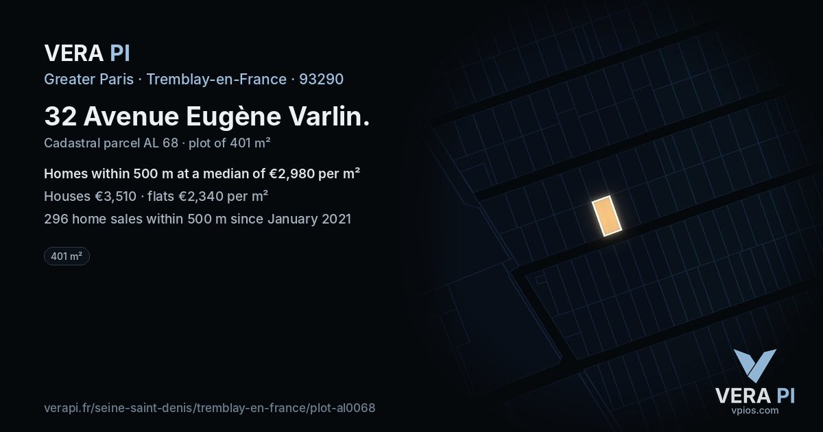 32 Avenue Eugène Varlin, Tremblay-en-France at night – the plot lit, the parcels around coloured by the prices near them