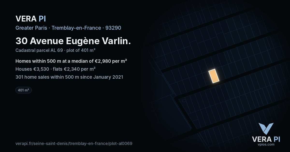 30 Avenue Eugène Varlin, Tremblay-en-France at night – the plot lit, the parcels around coloured by the prices near them