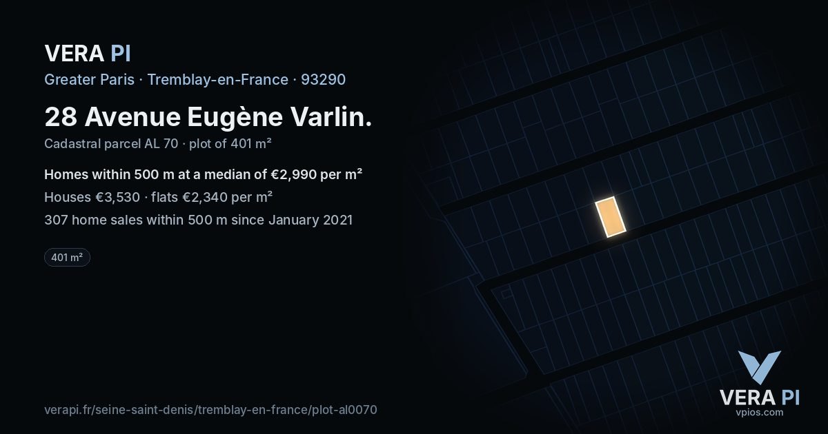 28 Avenue Eugène Varlin, Tremblay-en-France at night – the plot lit, the parcels around coloured by the prices near them