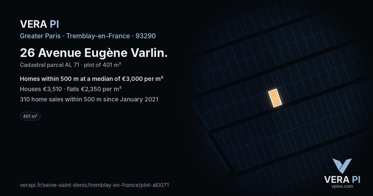 26 Avenue Eugène Varlin, Tremblay-en-France at night – the plot lit, the parcels around coloured by the prices near them