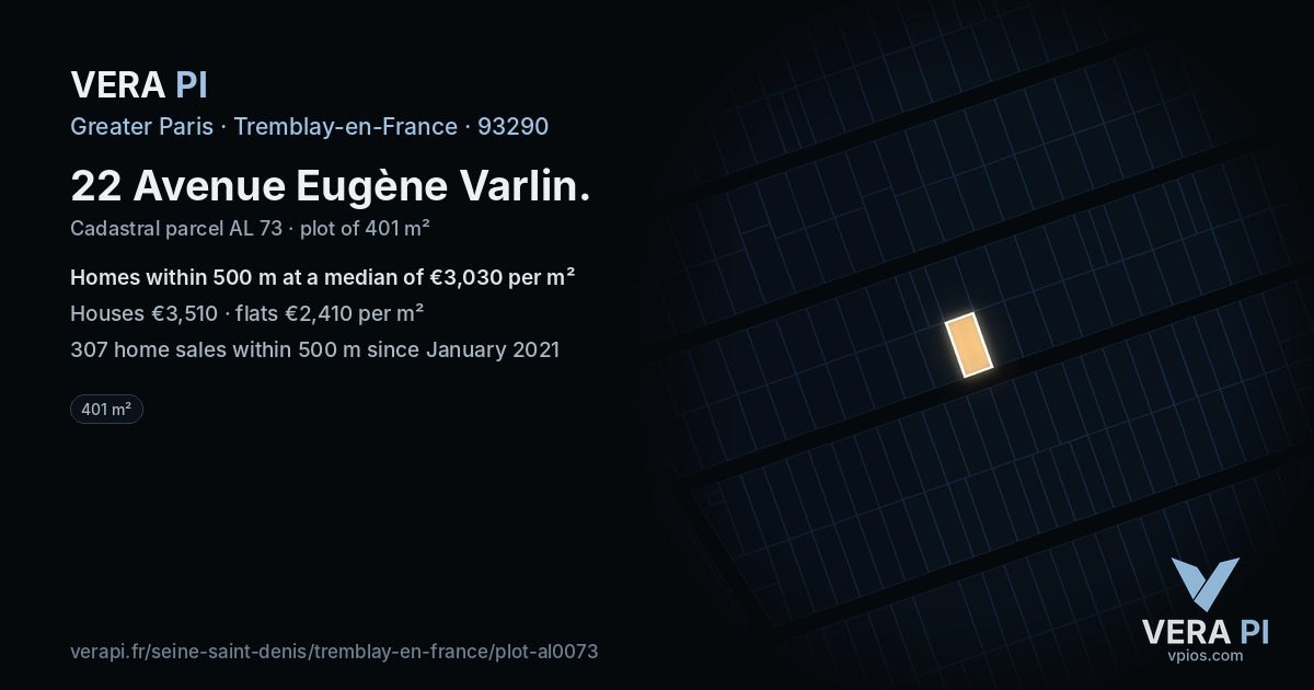 22 Avenue Eugène Varlin, Tremblay-en-France at night – the plot lit, the parcels around coloured by the prices near them