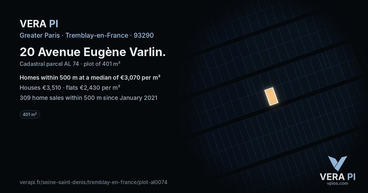 20 Avenue Eugène Varlin, Tremblay-en-France at night – the plot lit, the parcels around coloured by the prices near them