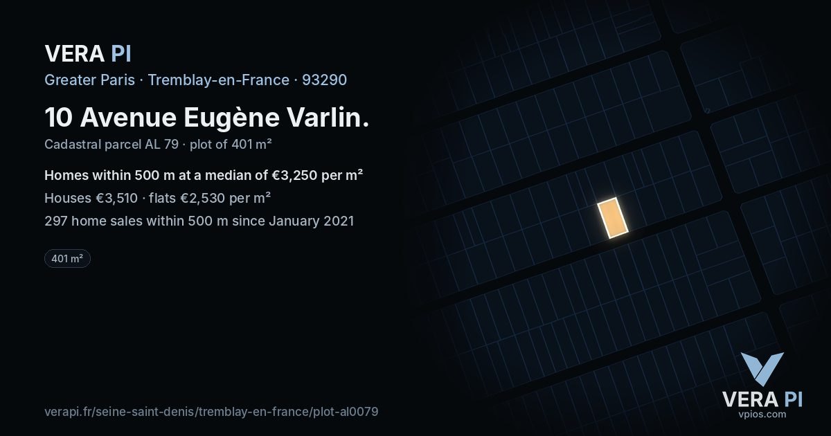 10 Avenue Eugène Varlin, Tremblay-en-France at night – the plot lit, the parcels around coloured by the prices near them