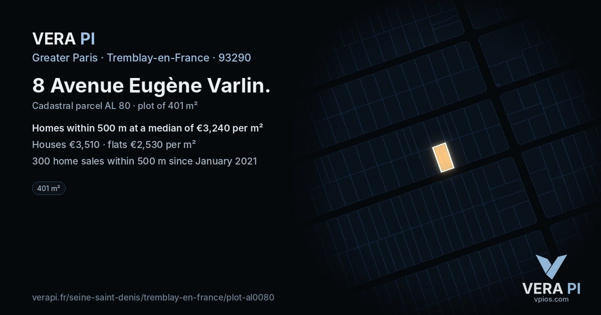8 Avenue Eugène Varlin, Tremblay-en-France at night – the plot lit, the parcels around coloured by the prices near them