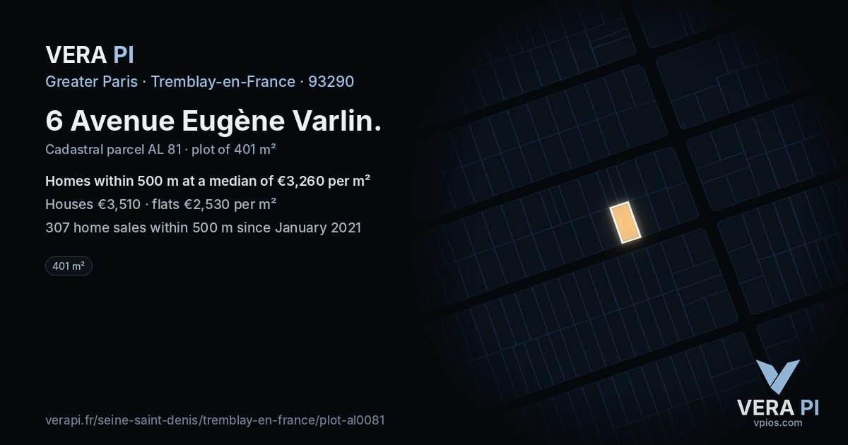 6 Avenue Eugène Varlin, Tremblay-en-France at night – the plot lit, the parcels around coloured by the prices near them