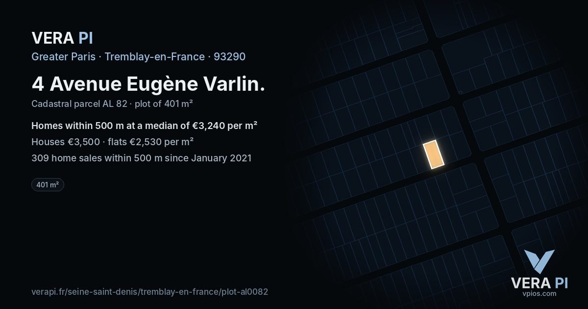 4 Avenue Eugène Varlin, Tremblay-en-France at night – the plot lit, the parcels around coloured by the prices near them