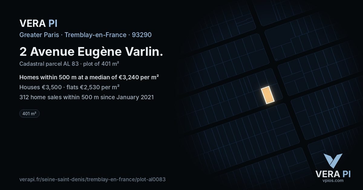 2 Avenue Eugène Varlin, Tremblay-en-France at night – the plot lit, the parcels around coloured by the prices near them