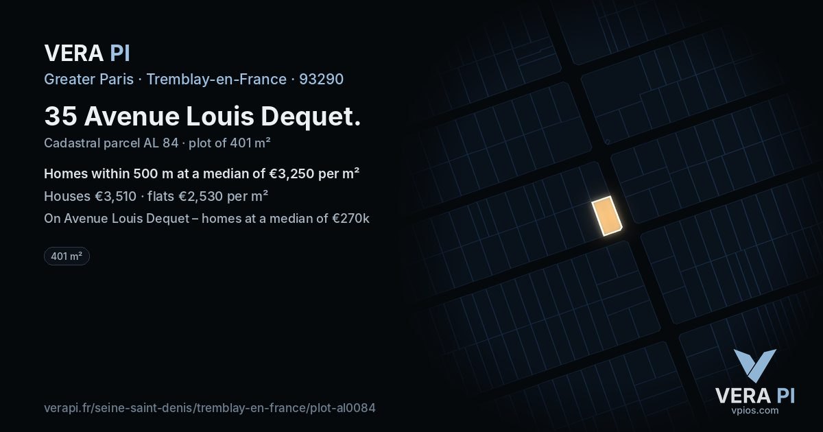35 Avenue Louis Dequet, Tremblay-en-France at night – the plot lit, the parcels around coloured by the prices near them
