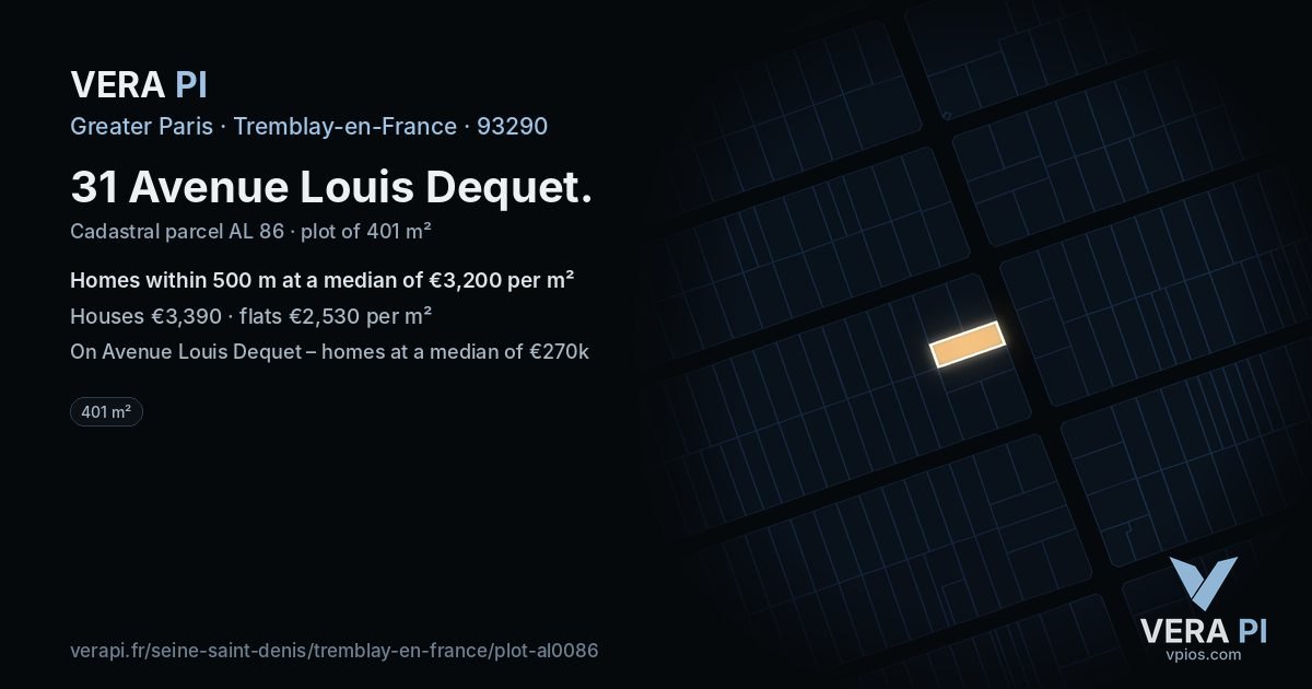 31 Avenue Louis Dequet, Tremblay-en-France at night – the plot lit, the parcels around coloured by the prices near them