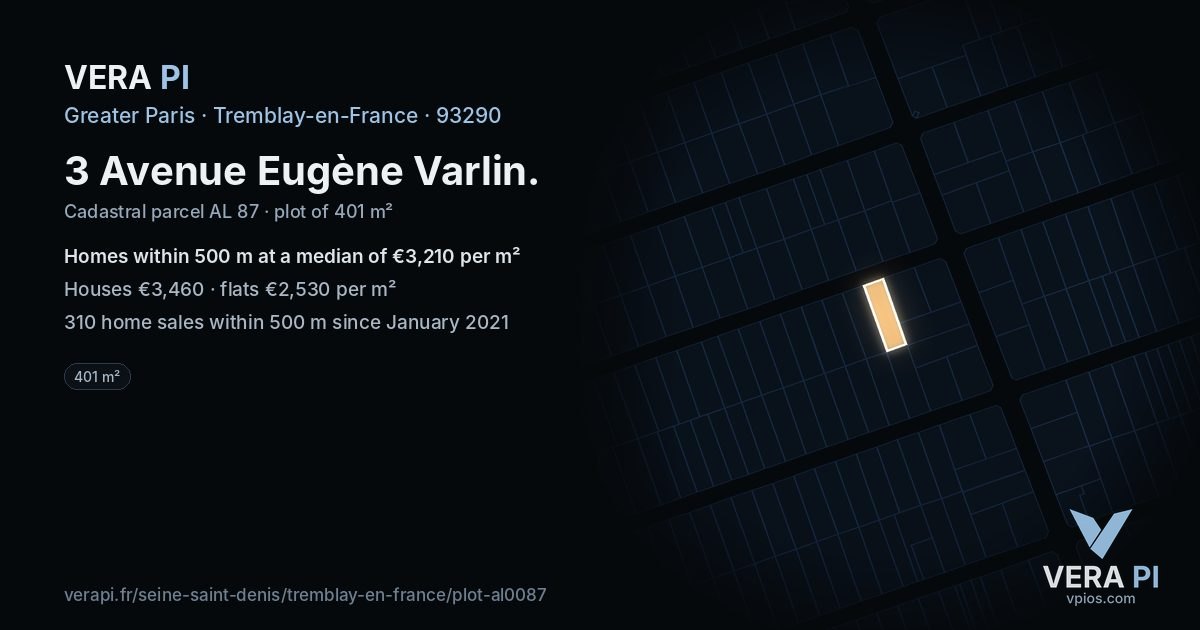 3 Avenue Eugène Varlin, Tremblay-en-France at night – the plot lit, the parcels around coloured by the prices near them