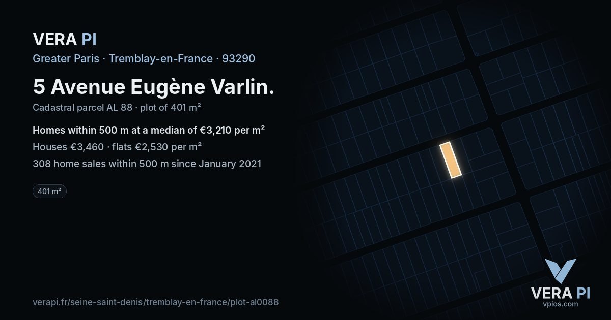 5 Avenue Eugène Varlin, Tremblay-en-France at night – the plot lit, the parcels around coloured by the prices near them