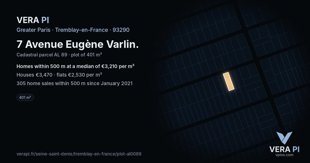 7 Avenue Eugène Varlin, Tremblay-en-France at night – the plot lit, the parcels around coloured by the prices near them