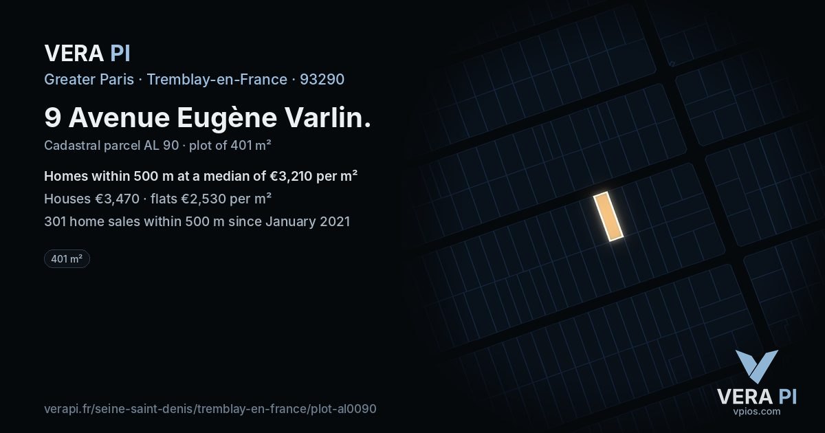 9 Avenue Eugène Varlin, Tremblay-en-France at night – the plot lit, the parcels around coloured by the prices near them