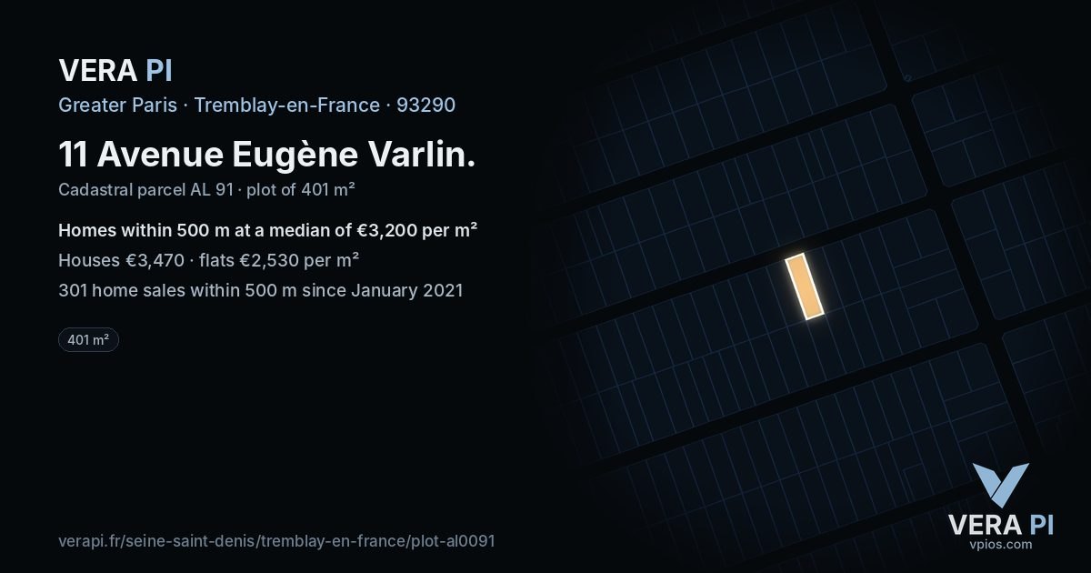 11 Avenue Eugène Varlin, Tremblay-en-France at night – the plot lit, the parcels around coloured by the prices near them