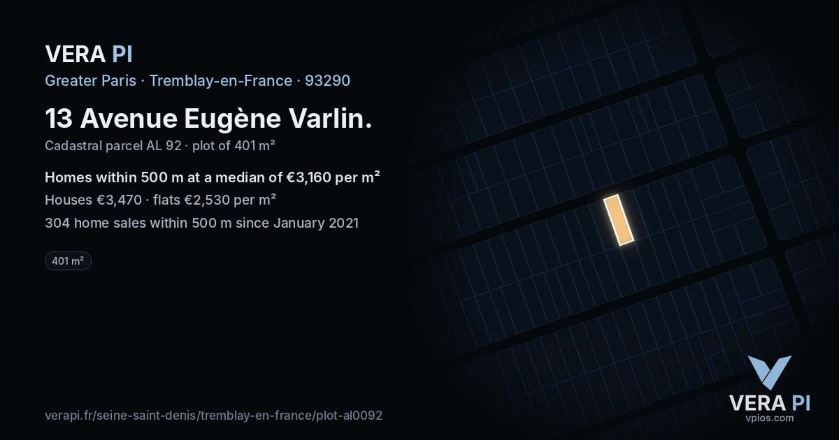 13 Avenue Eugène Varlin, Tremblay-en-France at night – the plot lit, the parcels around coloured by the prices near them