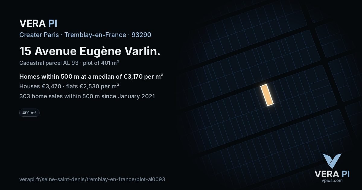 15 Avenue Eugène Varlin, Tremblay-en-France at night – the plot lit, the parcels around coloured by the prices near them
