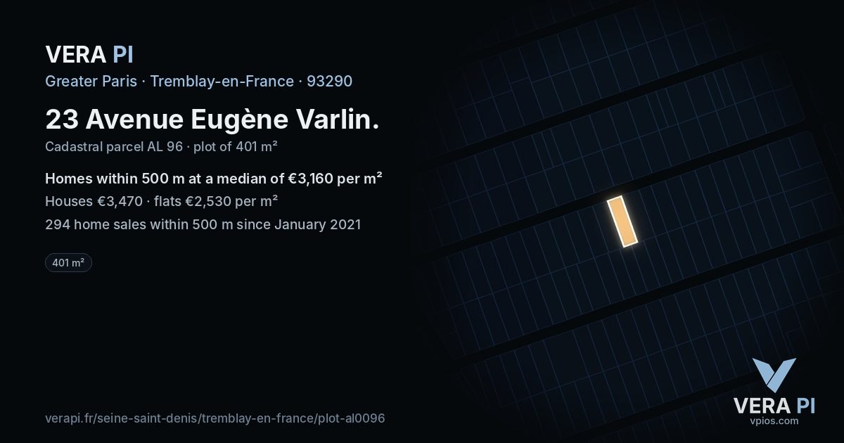 23 Avenue Eugène Varlin, Tremblay-en-France at night – the plot lit, the parcels around coloured by the prices near them