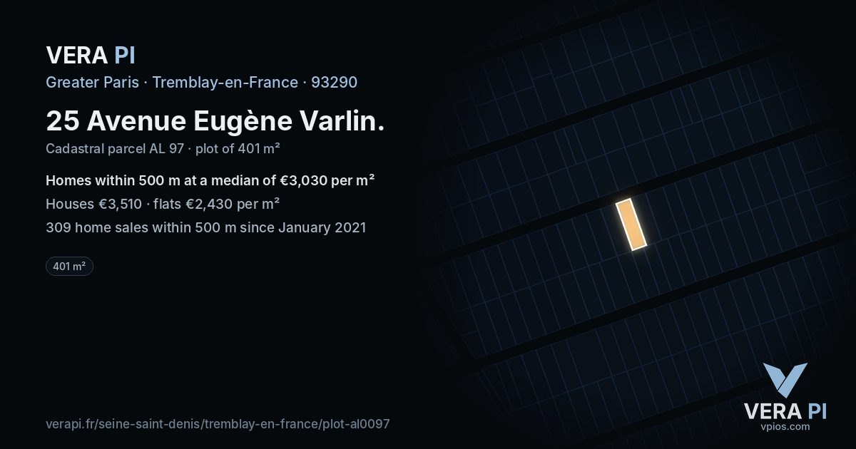 25 Avenue Eugène Varlin, Tremblay-en-France at night – the plot lit, the parcels around coloured by the prices near them
