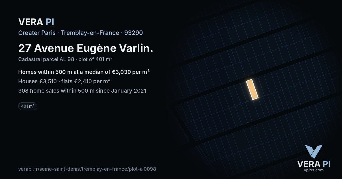 27 Avenue Eugène Varlin, Tremblay-en-France at night – the plot lit, the parcels around coloured by the prices near them