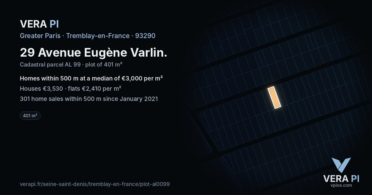 29 Avenue Eugène Varlin, Tremblay-en-France at night – the plot lit, the parcels around coloured by the prices near them