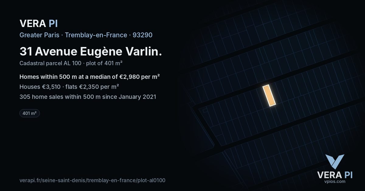 31 Avenue Eugène Varlin, Tremblay-en-France at night – the plot lit, the parcels around coloured by the prices near them