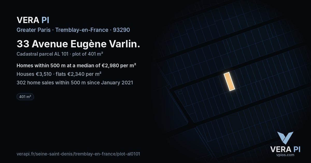33 Avenue Eugène Varlin, Tremblay-en-France at night – the plot lit, the parcels around coloured by the prices near them