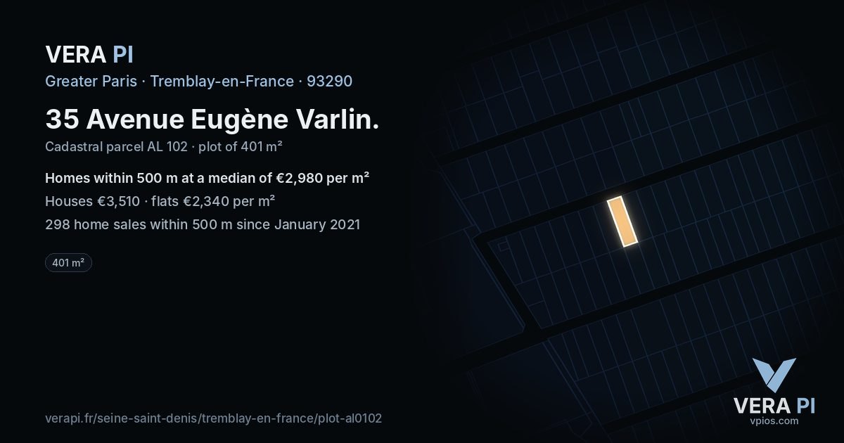 35 Avenue Eugène Varlin, Tremblay-en-France at night – the plot lit, the parcels around coloured by the prices near them