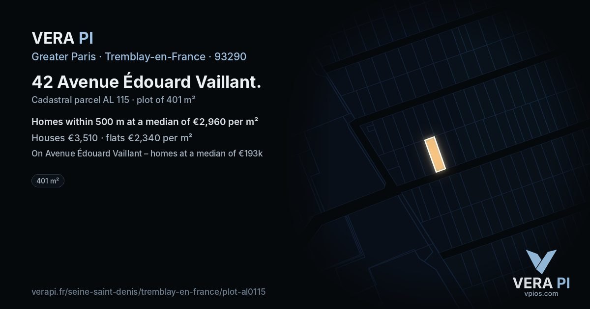 42 Avenue Édouard Vaillant, Tremblay-en-France at night – the plot lit, the parcels around coloured by the prices near them