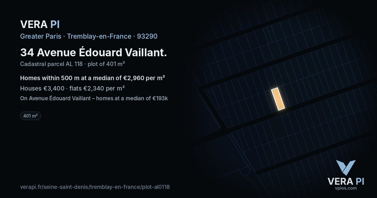 34 Avenue Édouard Vaillant, Tremblay-en-France at night – the plot lit, the parcels around coloured by the prices near them