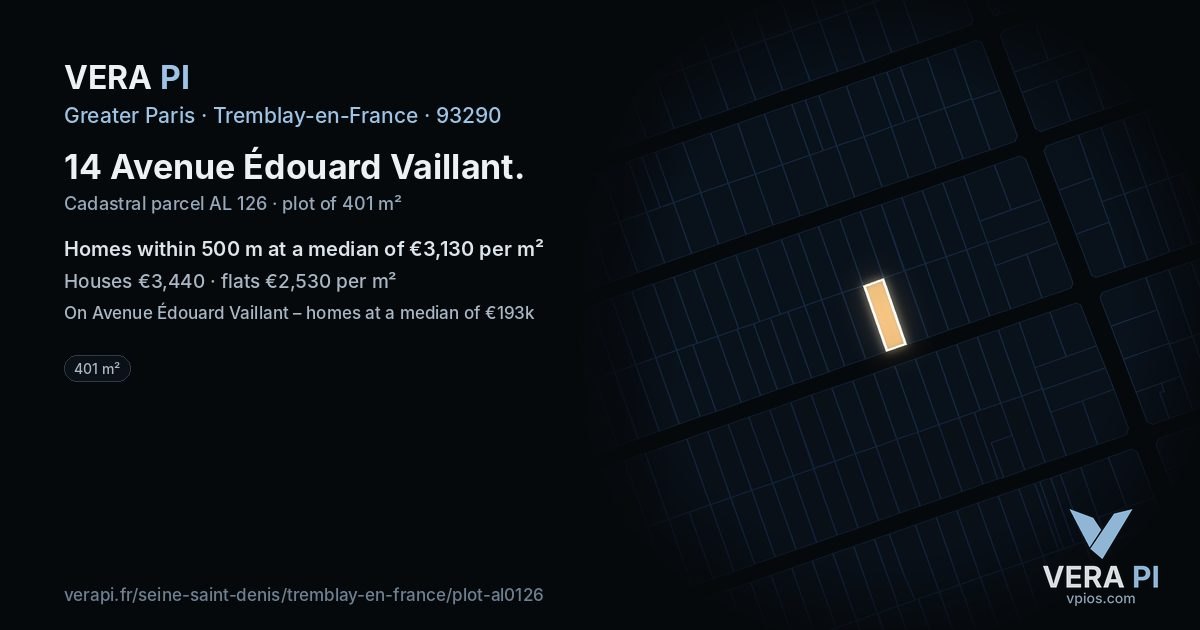 14 Avenue Édouard Vaillant, Tremblay-en-France at night – the plot lit, the parcels around coloured by the prices near them