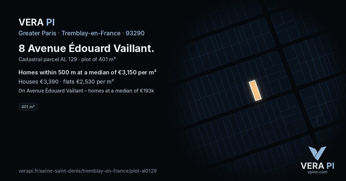 8 Avenue Édouard Vaillant, Tremblay-en-France at night – the plot lit, the parcels around coloured by the prices near them