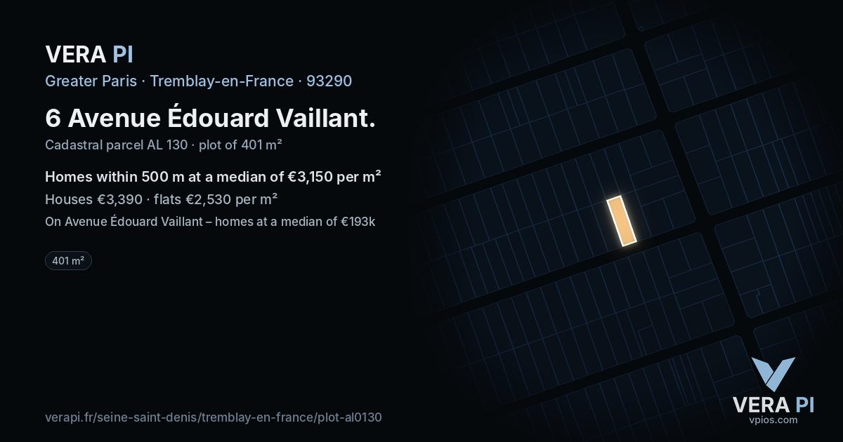6 Avenue Édouard Vaillant, Tremblay-en-France at night – the plot lit, the parcels around coloured by the prices near them