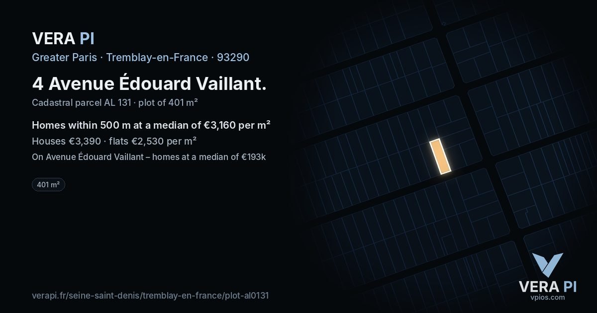 4 Avenue Édouard Vaillant, Tremblay-en-France at night – the plot lit, the parcels around coloured by the prices near them