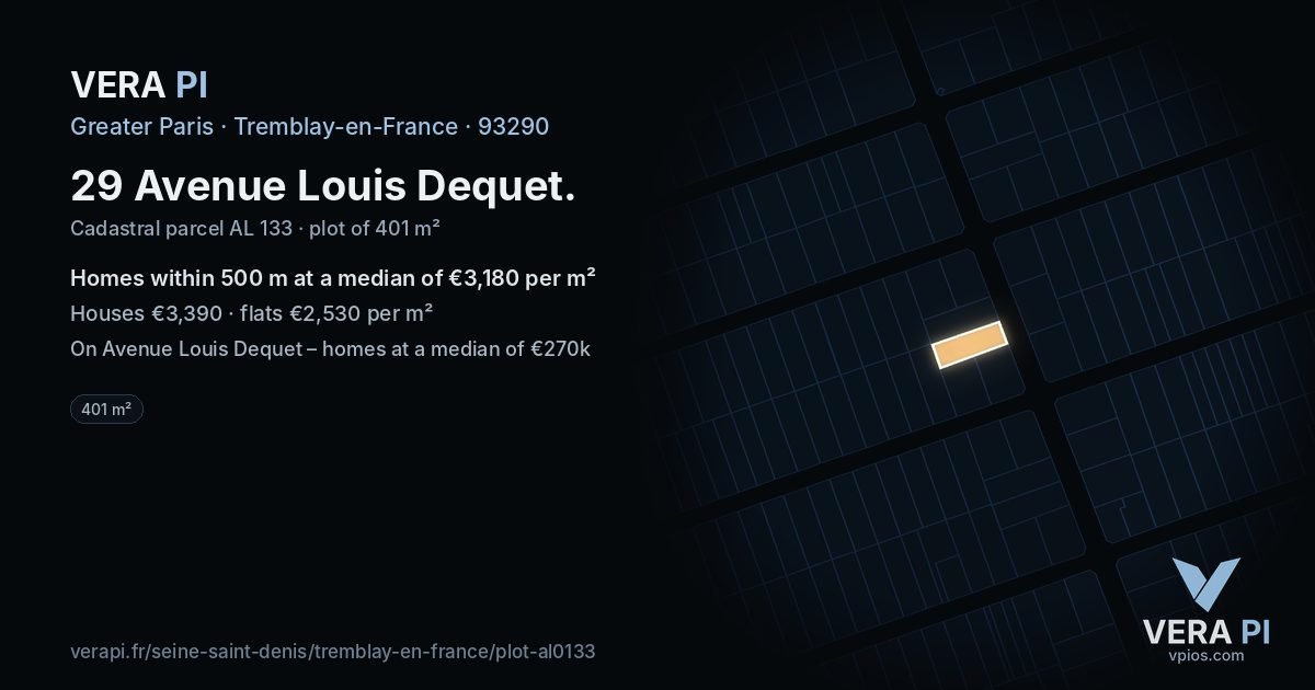 29 Avenue Louis Dequet, Tremblay-en-France at night – the plot lit, the parcels around coloured by the prices near them