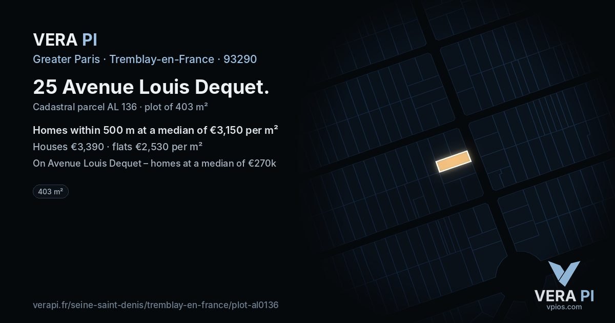 25 Avenue Louis Dequet, Tremblay-en-France at night – the plot lit, the parcels around coloured by the prices near them