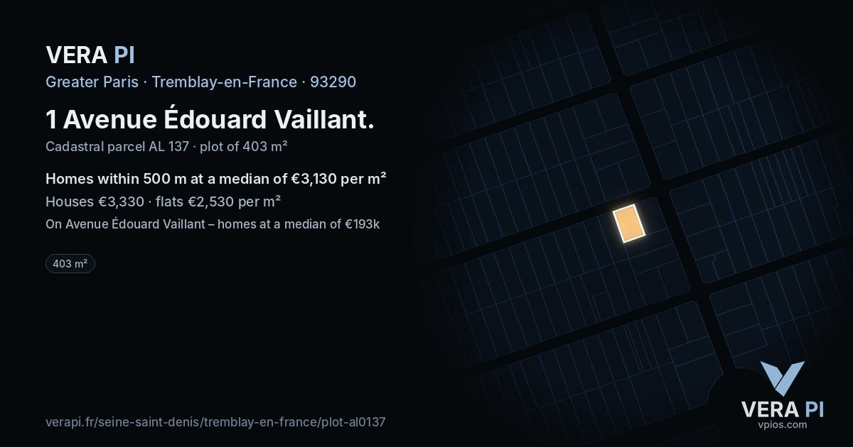 1 Avenue Édouard Vaillant, Tremblay-en-France at night – the plot lit, the parcels around coloured by the prices near them