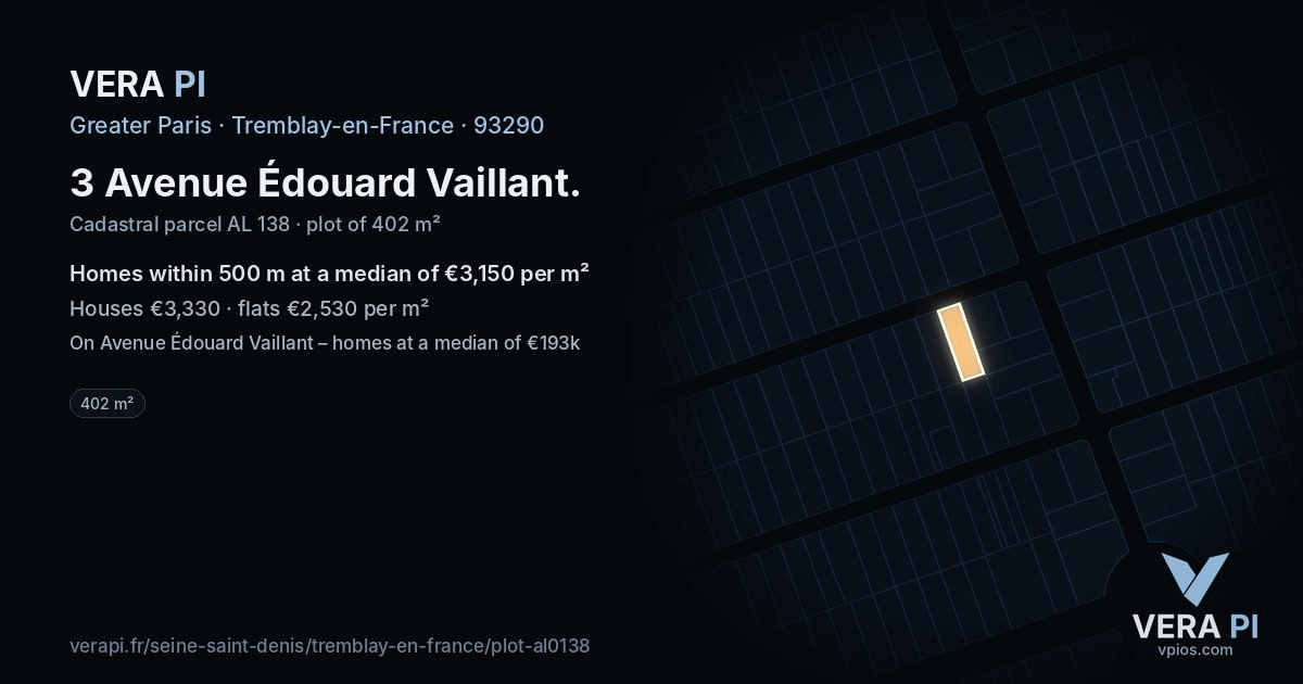 3 Avenue Édouard Vaillant, Tremblay-en-France at night – the plot lit, the parcels around coloured by the prices near them