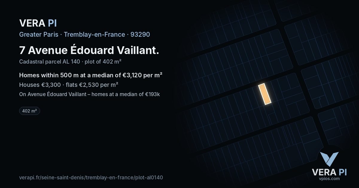 7 Avenue Édouard Vaillant, Tremblay-en-France at night – the plot lit, the parcels around coloured by the prices near them