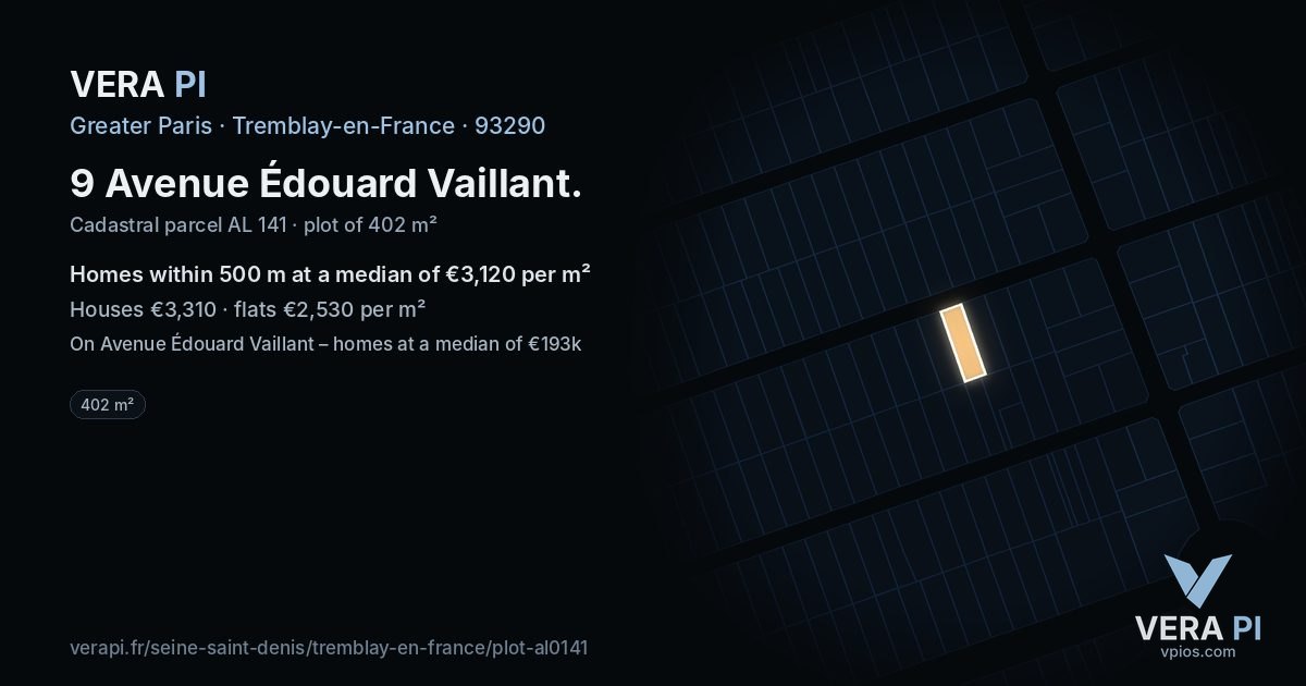 9 Avenue Édouard Vaillant, Tremblay-en-France at night – the plot lit, the parcels around coloured by the prices near them