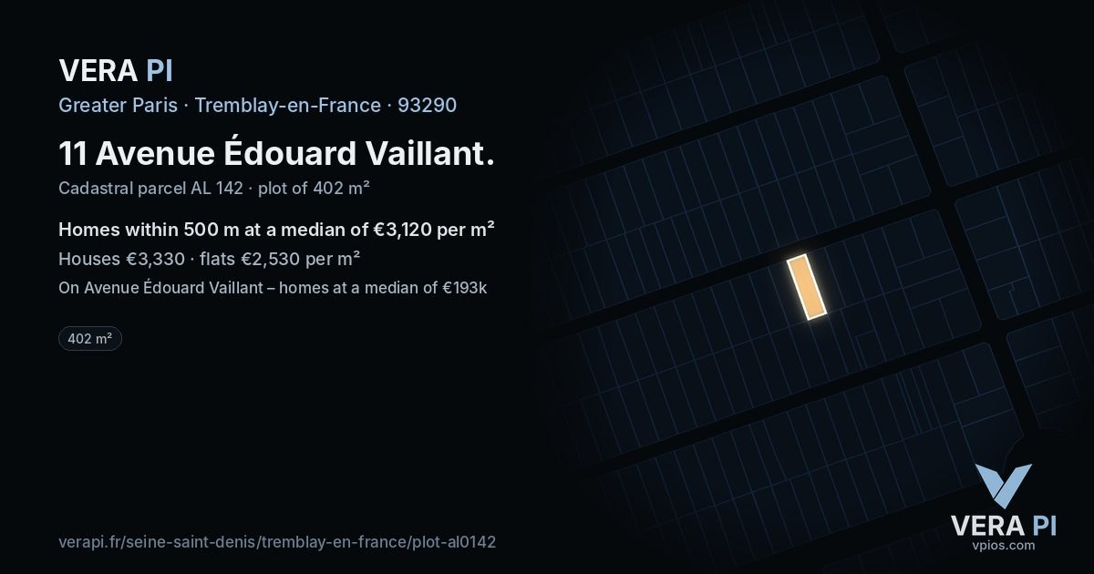 11 Avenue Édouard Vaillant, Tremblay-en-France at night – the plot lit, the parcels around coloured by the prices near them